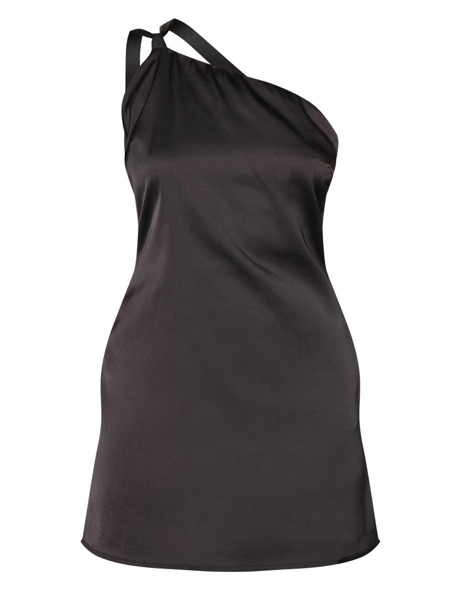 Black Satin One Shoulder Tie Back Mini Dress - 4