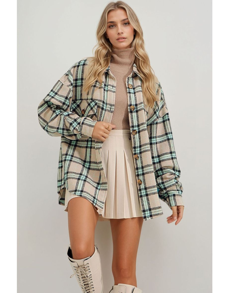Women's Dark Beige Checked Patterned Cachet Cotton Oversized Safari Jacket Shirt