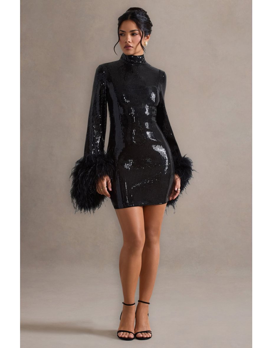 Cupid | Black Sequin High-Neck Mini Dress With Feather Cuffs - 5