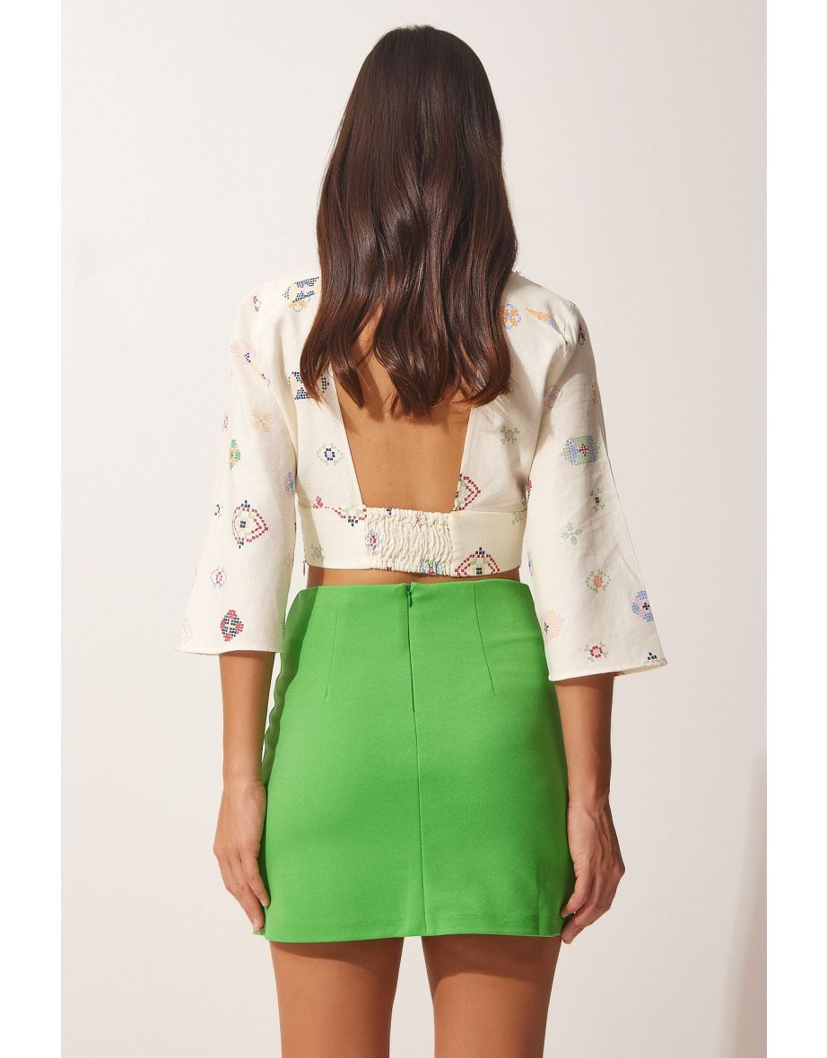 Green Column Mini Skirt with Slit - 4
