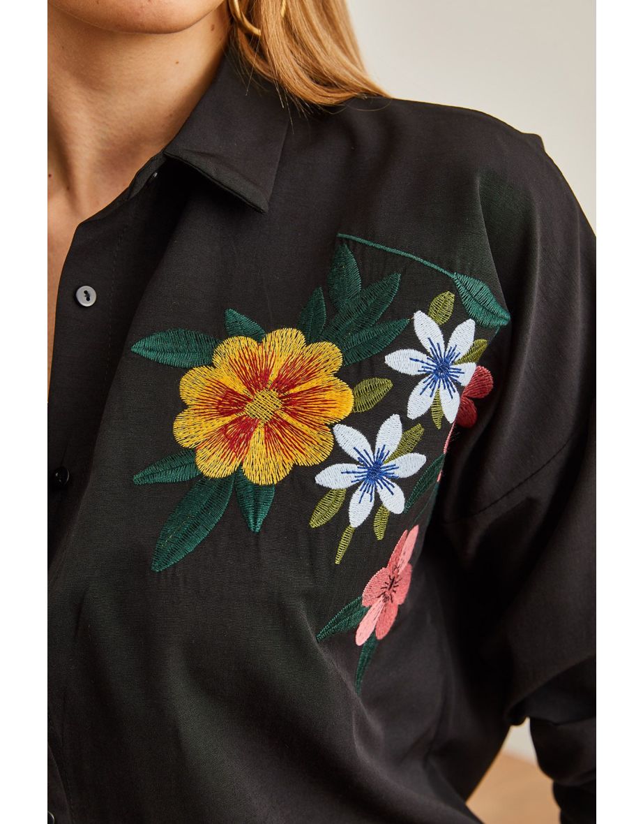 Women's Floral Black Embroidery Detailed Oversize Woven Shirt - 7
