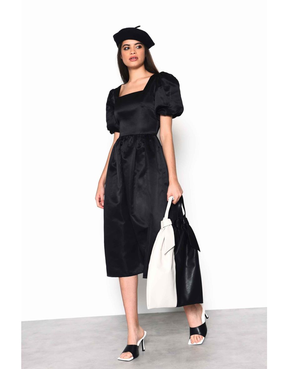 Glamorous Black Satin Puff Sleeve Square Neck Midi Dress - 2