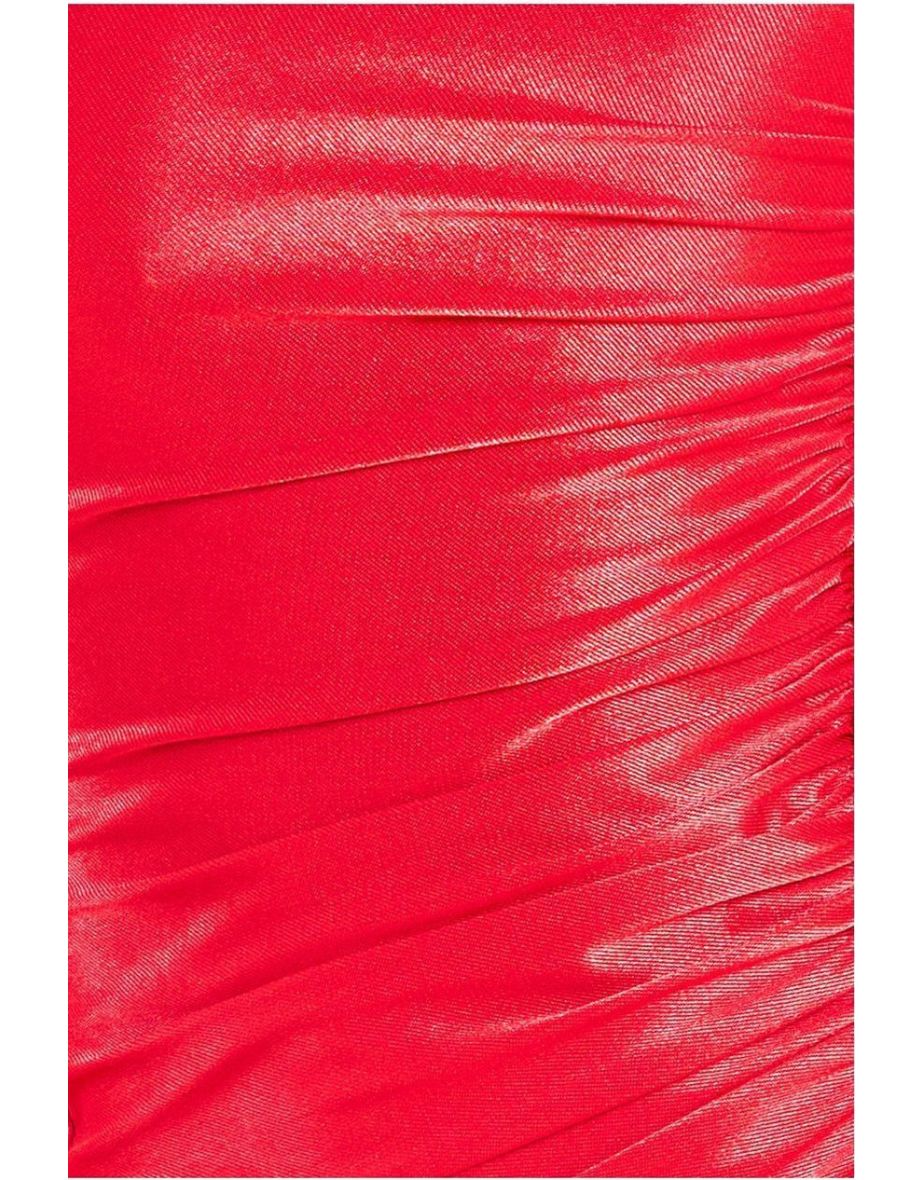 Goddiva Slinky Satin One Shoulder Split Maxi Dress - Red - 3