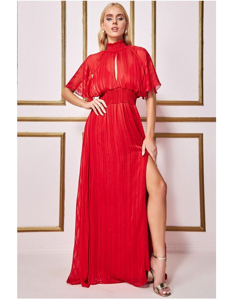 Goddiva Keyhole High Neck Flutter Sleeve  - Red