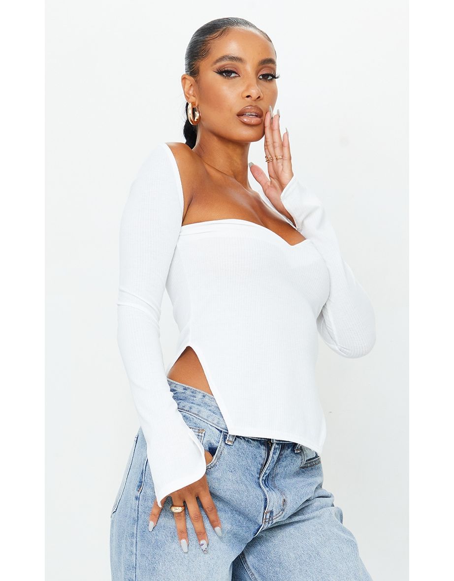 White Rib Sweetheart Neck Dip Hem Long Sleeve Top