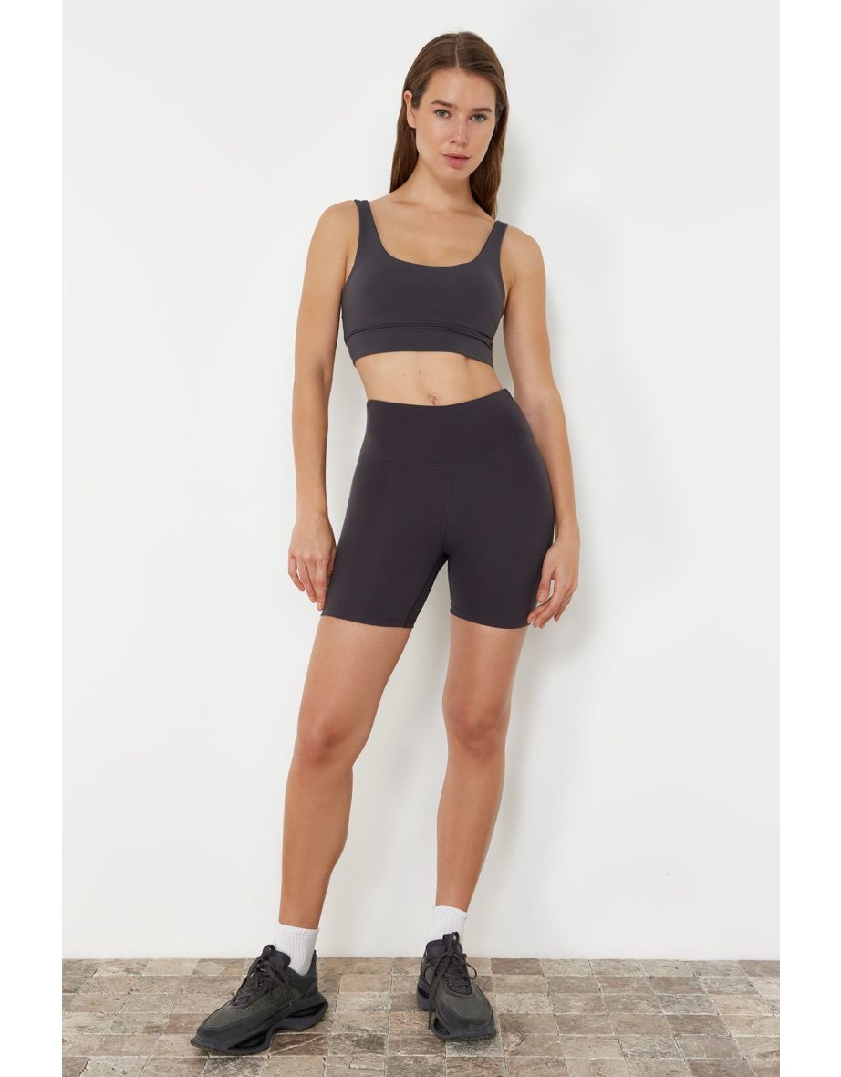 Dark Anthracite Brushed Soft Fabric Internal Waist Pocket Detailed Knitted Sports Shorts Tights