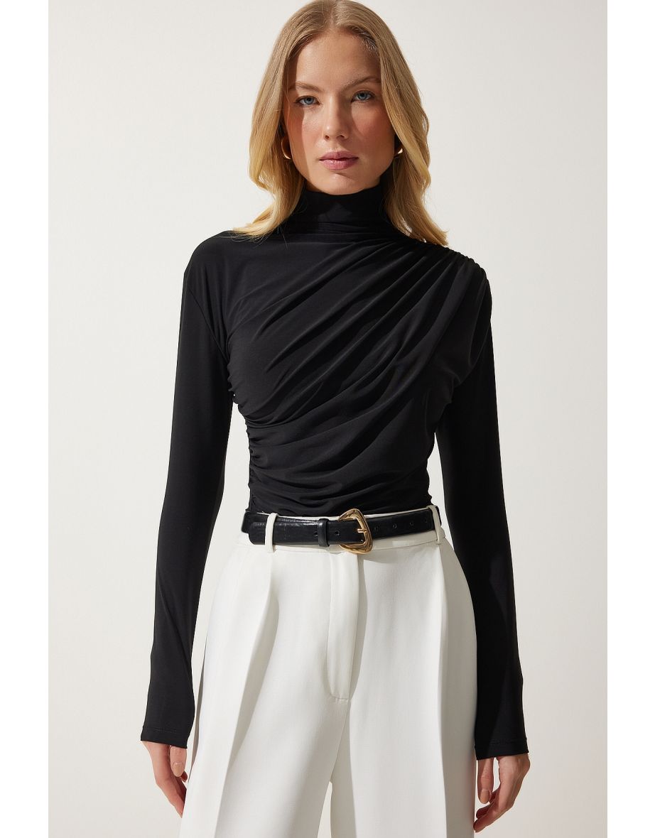 Women's Black Shirred Detail Standing Collar Sandy Blouse