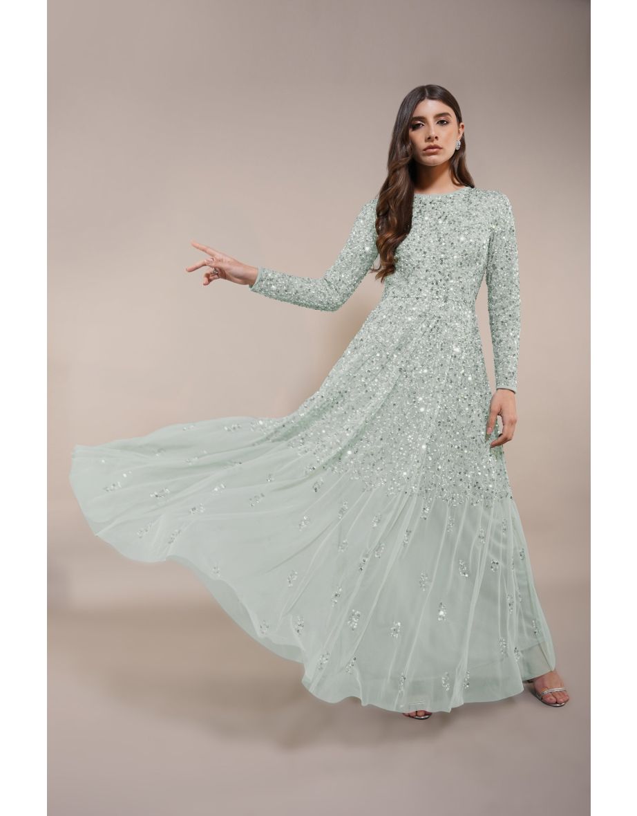 Sila Long Sleeve Embellished Maxi Dress in Sage Green