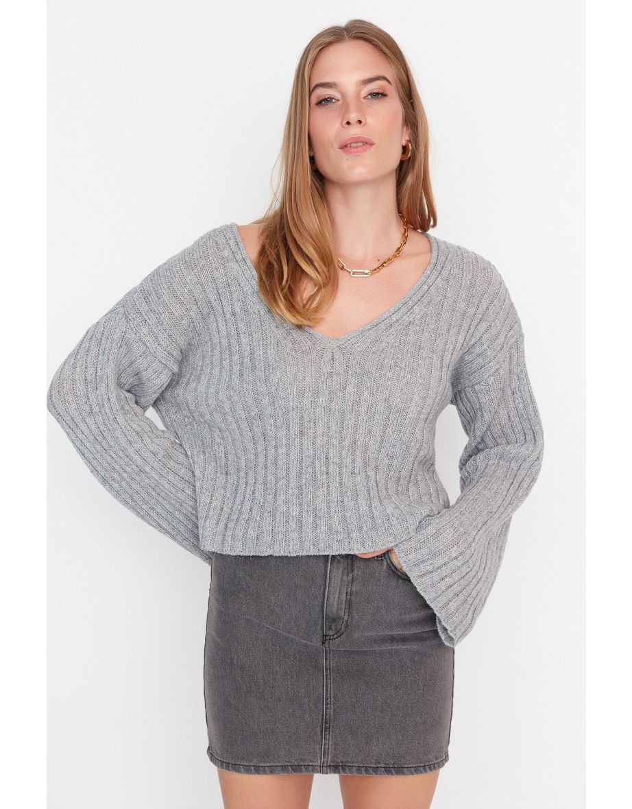 Gray Wide Fit Crop Wool Basic Knitwear Sweater