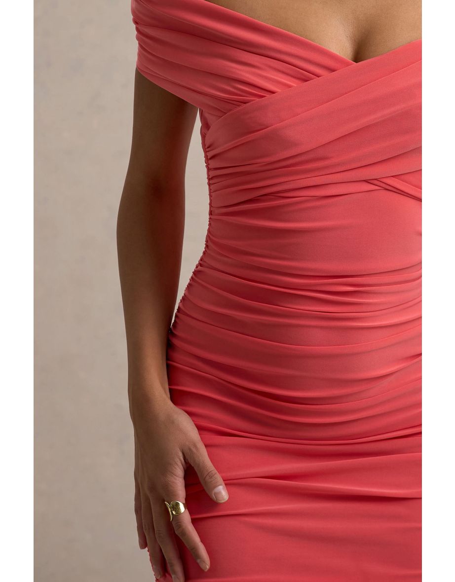 Unwrapped | Coral Ruched Twist Bardot Midi Dress - 5