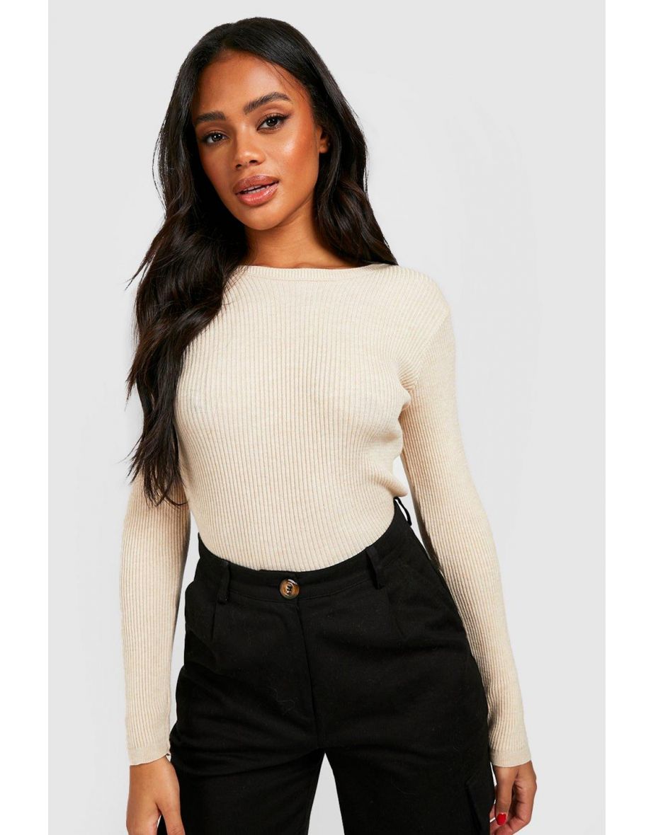 Rib Knit Crew Neck Long Sleeve Top - stone