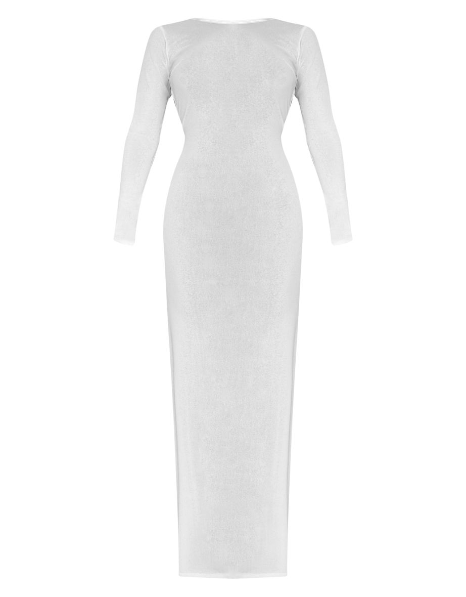 Shape White Sheer Mesh Long Sleeve Open Back Maxi Dress - 4