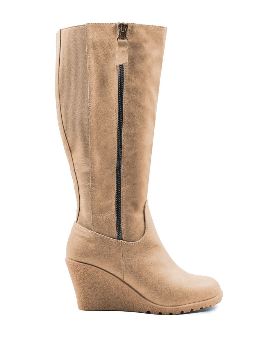 LARA WEDGE HEEL MID CALF HIGH BOOTS WITH SIDE ZIP IN KHAKI FAUX LEATHER - 2