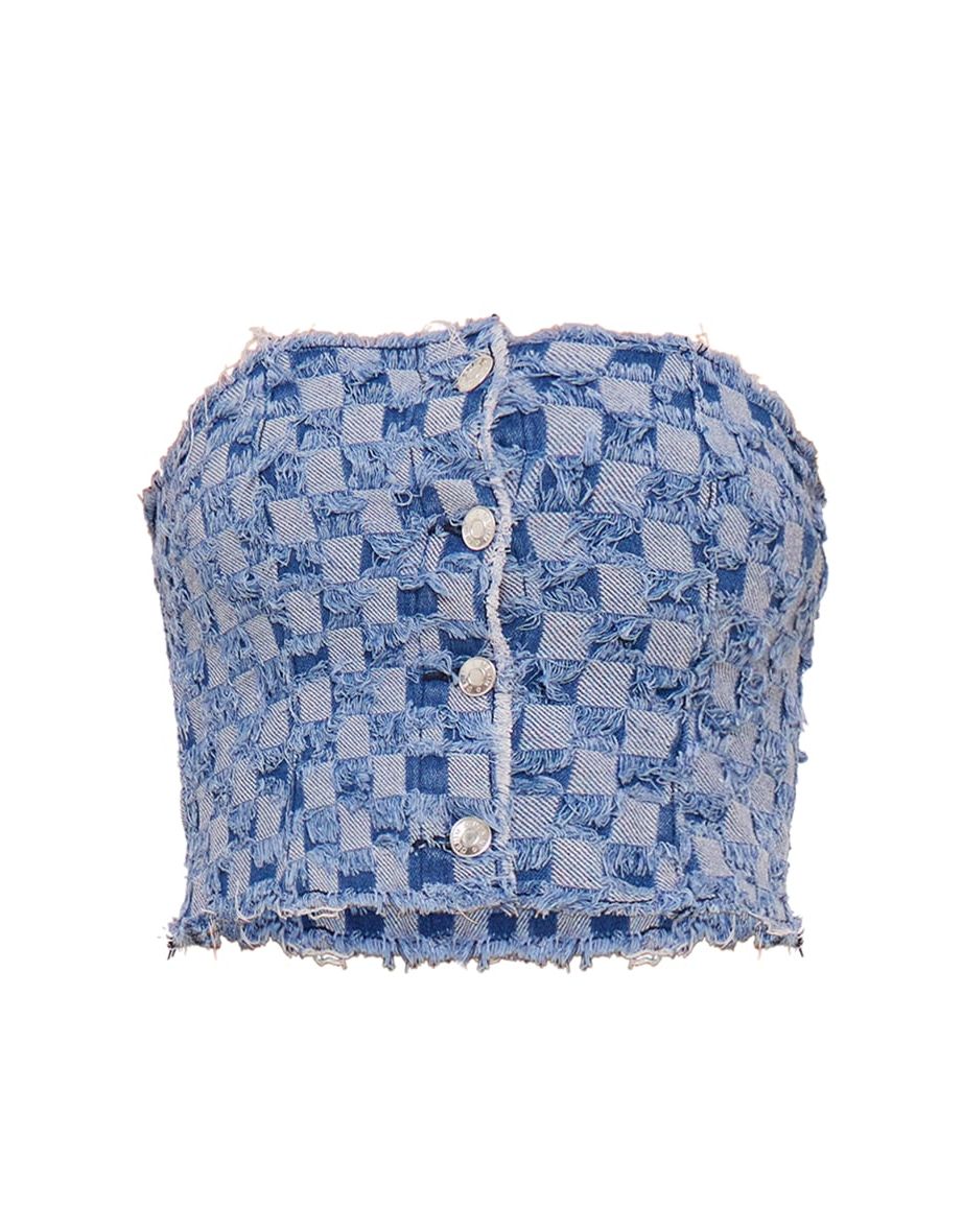 Mid Blue Wash Fray Detail Chequered Denim Bandeau Top - 4