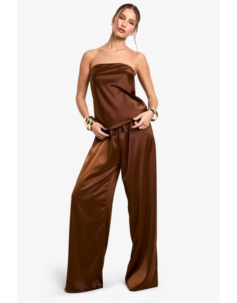 SATIN LONGLINE BANDEAU & DRAWSTRING WAIST WIDE LEG TROUSER SET - chocolate