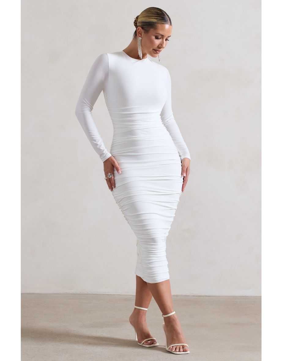Emilie | White Ruched Long-Sleeve Midi Dress - 3