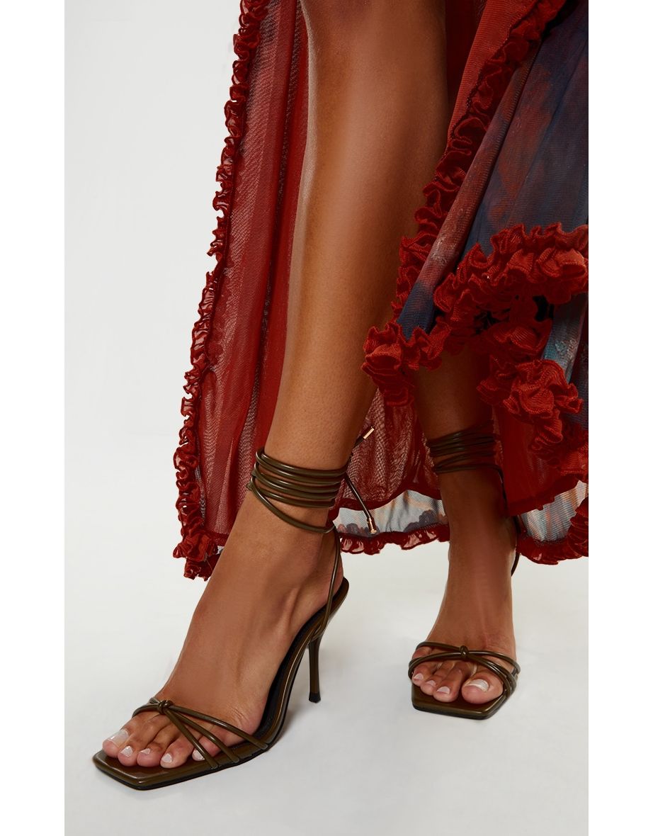 Wide Fit Olive PU Square Toe Lace Up High Stiletto Heeled Sandals