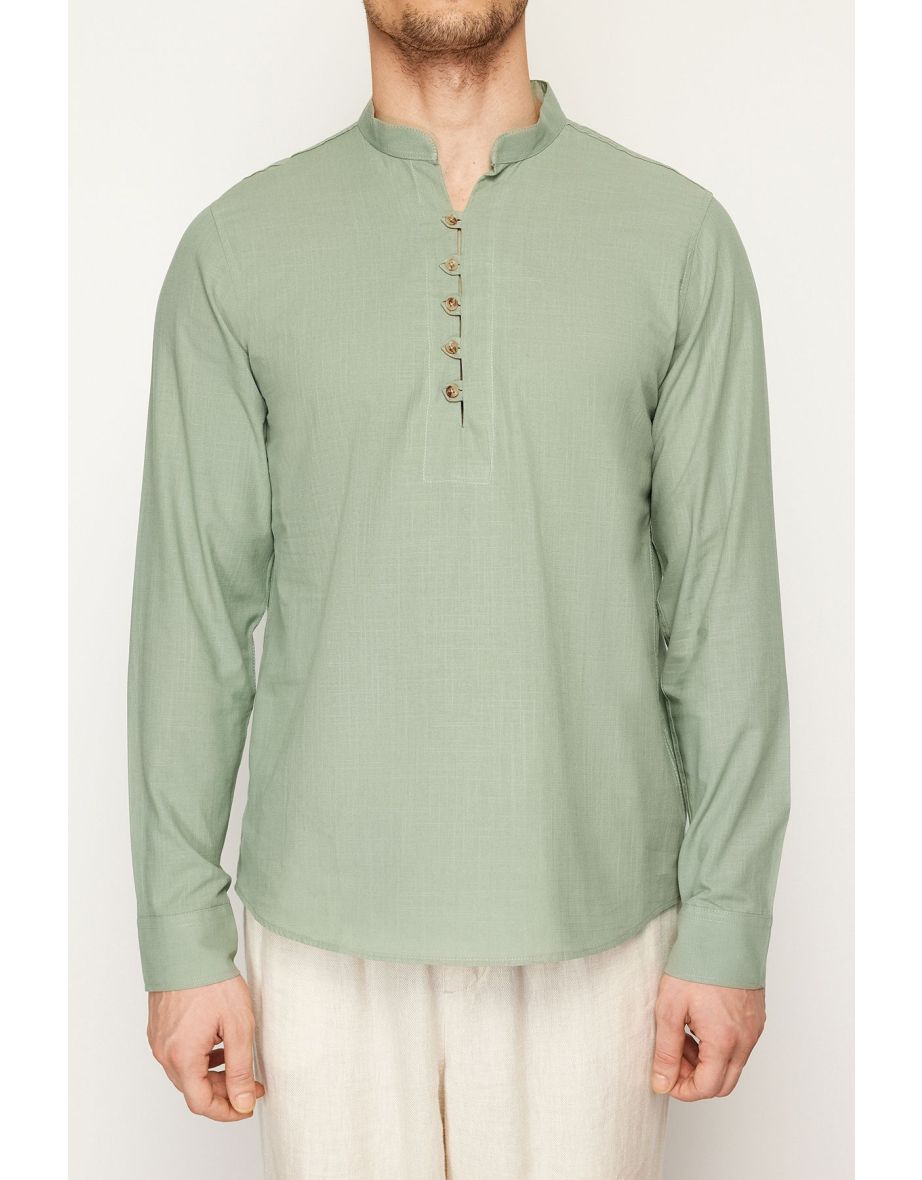 Light Khaki Slim Fit Half Placket Judge Collar 100% Cotton Shirt Shirt