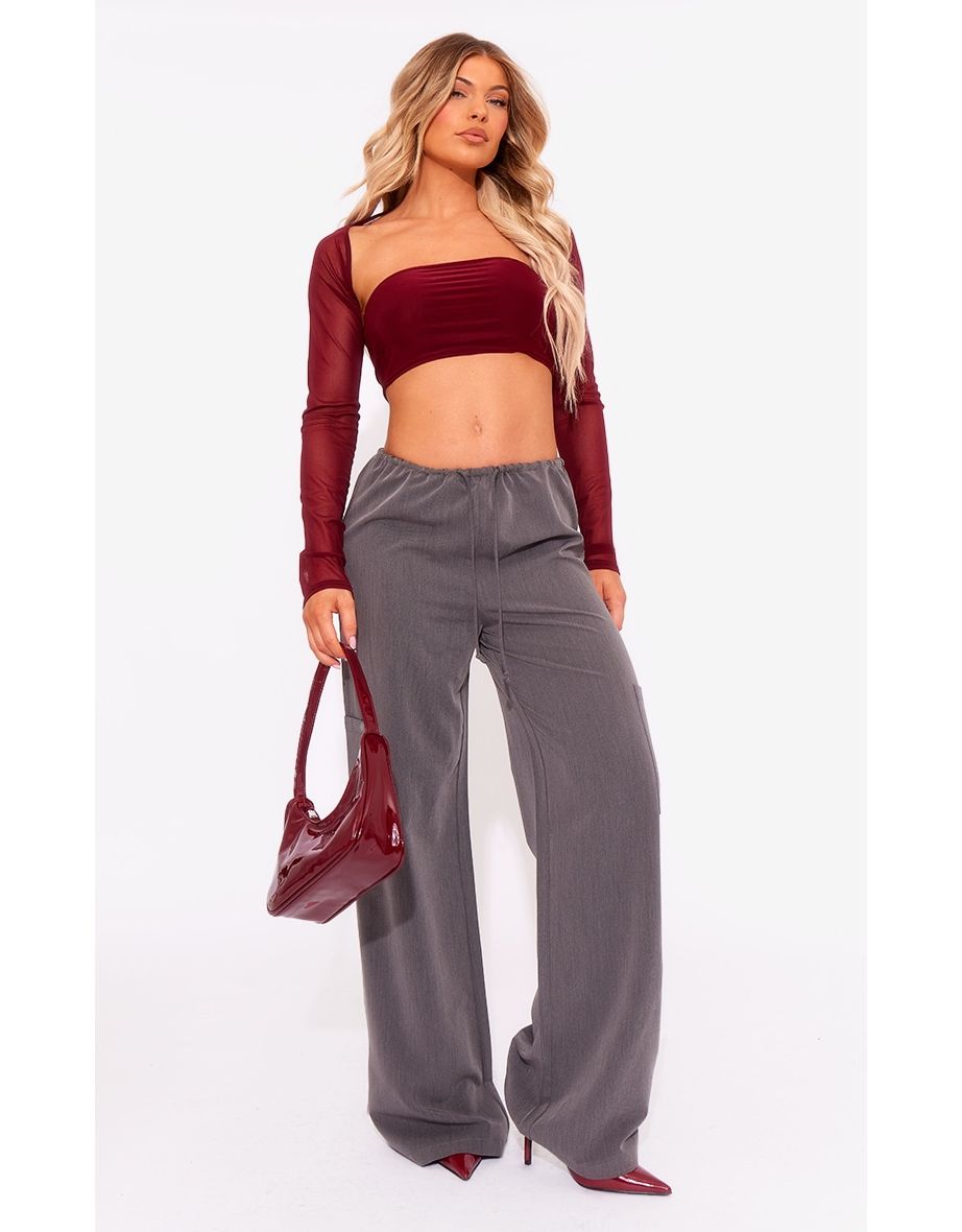 Cherry Red Mesh Shrug Detail Bandeau Crop Top