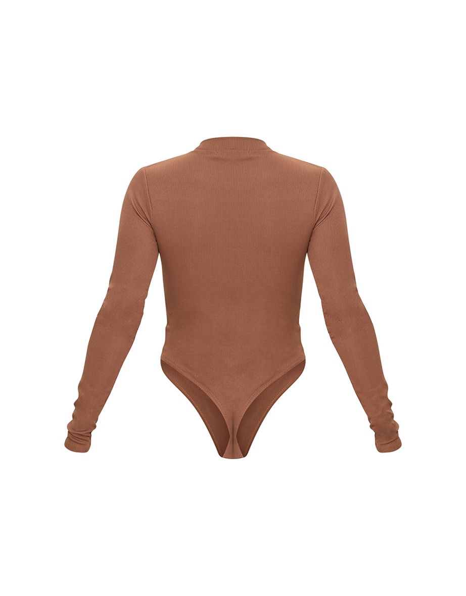 Brown Rib Zip Up Long Sleeve Bodysuit - 4