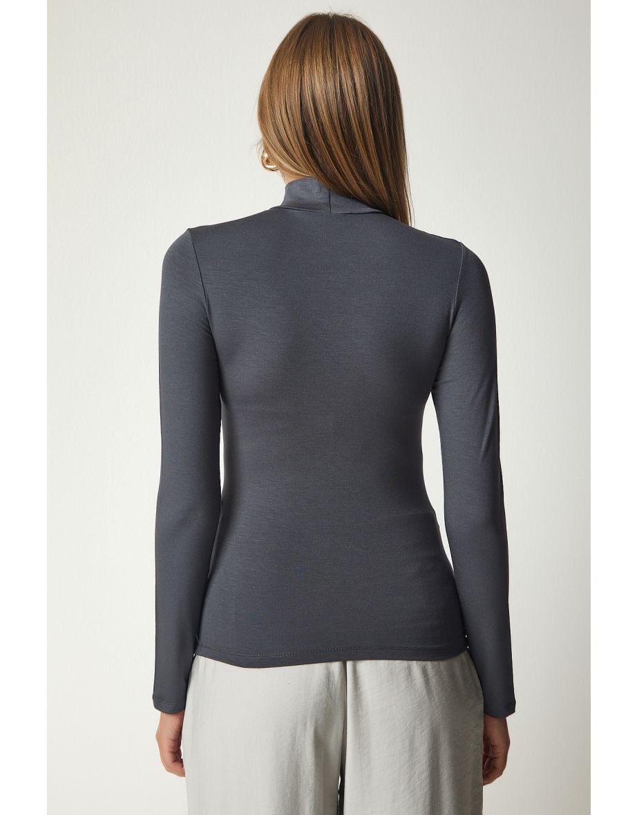 Women's Anthracite High Neck Wraparound Elastic Knitted Blouse - 6
