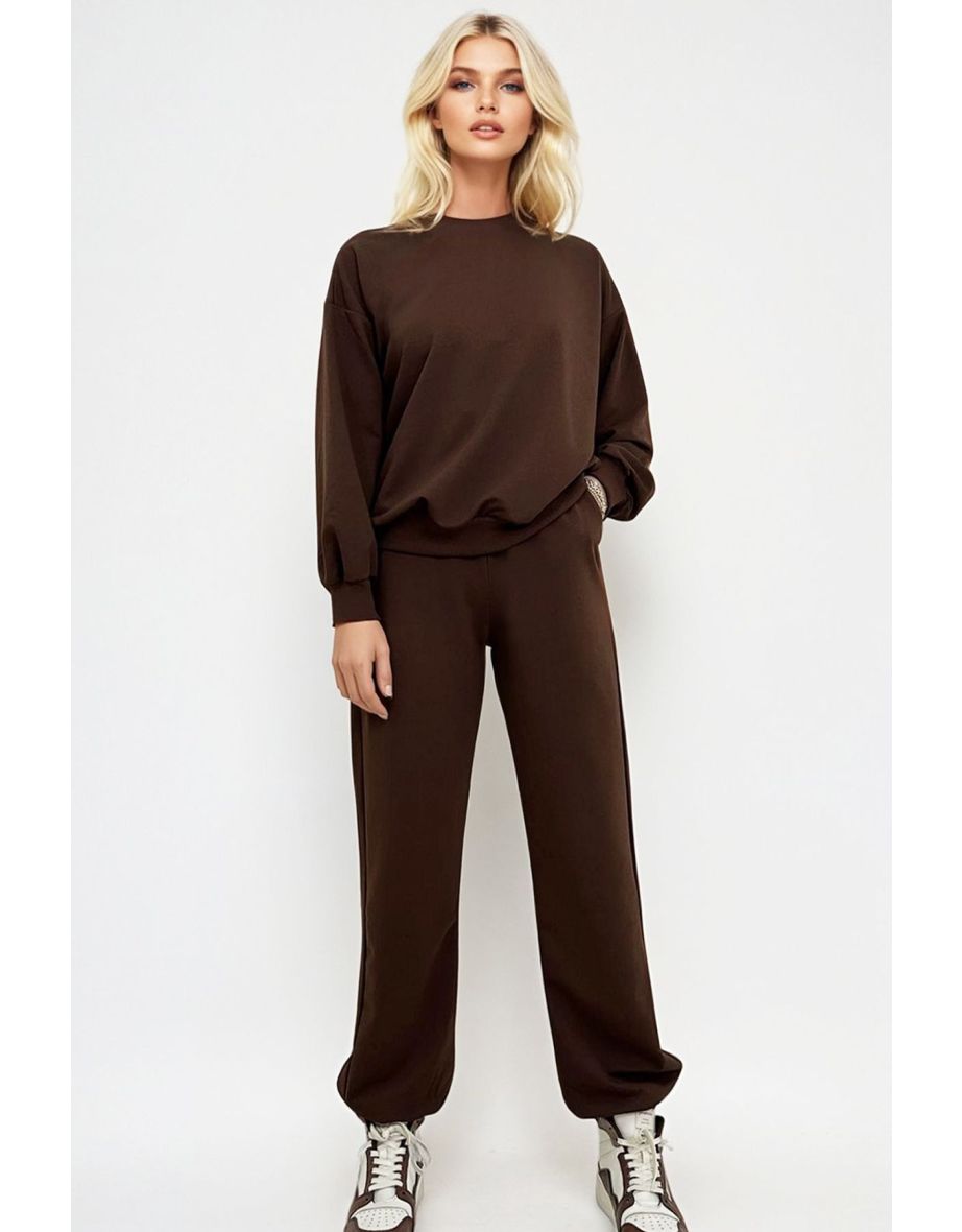 Women's Brown Bike Neck Elastic Waist and Leg Basic Tracksuit
