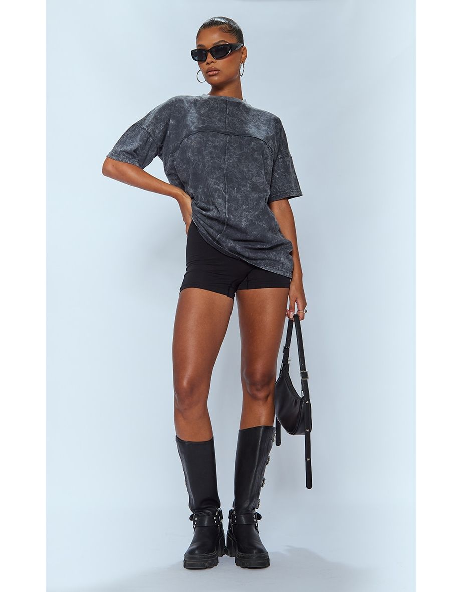 Grey Acid Wash Long Sleeve Exposed Seam T Shirt Dress