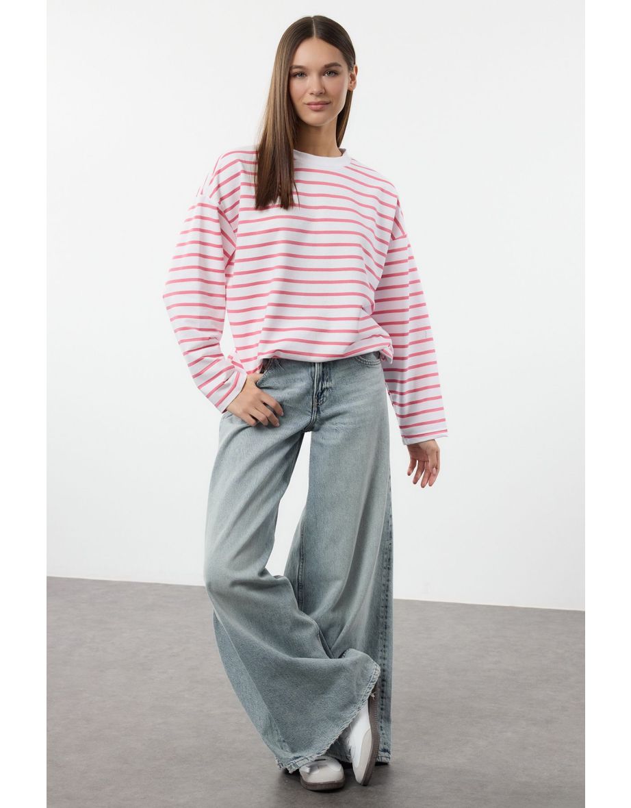 Pink Striped Oversize/Wide Cut Crew Neck Thin Knitted Sweatshirt