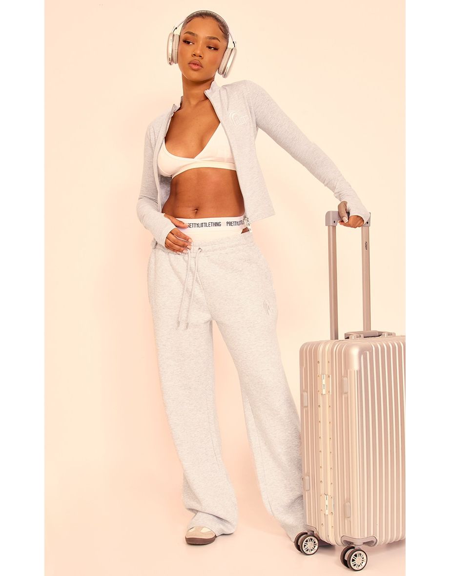 PRETTYLITTLETHING Grey Marl Embroidered Graphic Zip Up Long Top