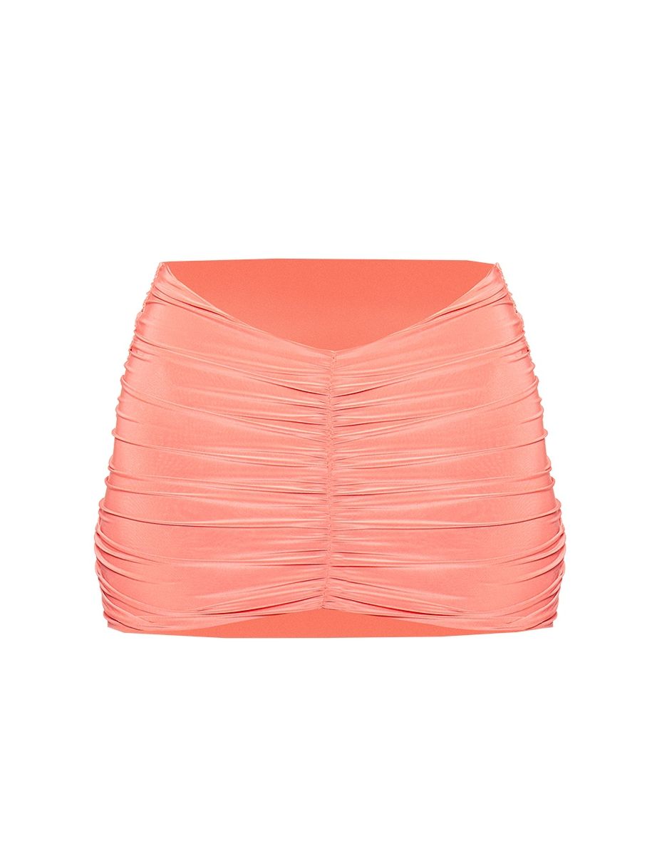 Coral Double Layer Slinky Ruched Dipped Hem Mini Skirt - 3
