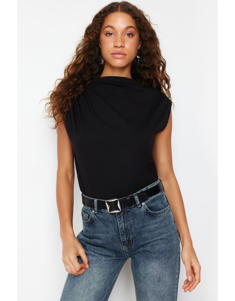 Shop Black Boat Neck Zero Sleeve Gathered Knitted T-Shirt