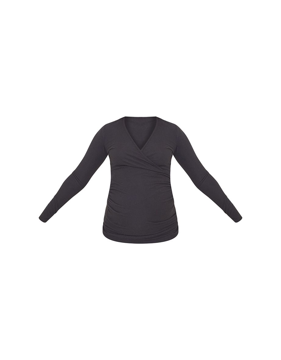 Maternity Black Brushed Rib Ruched Top - 4