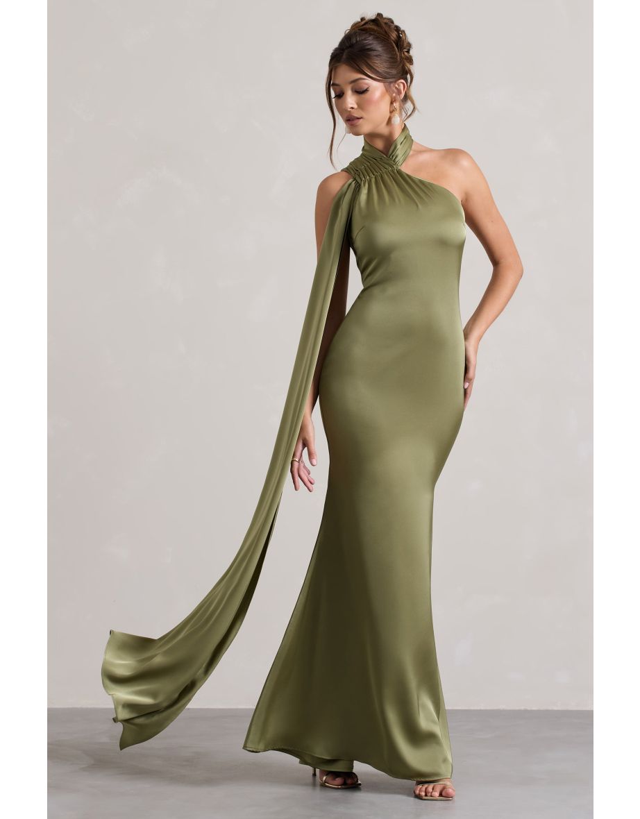 Sancia | Olive Satin Asymmetric Dress With Sash