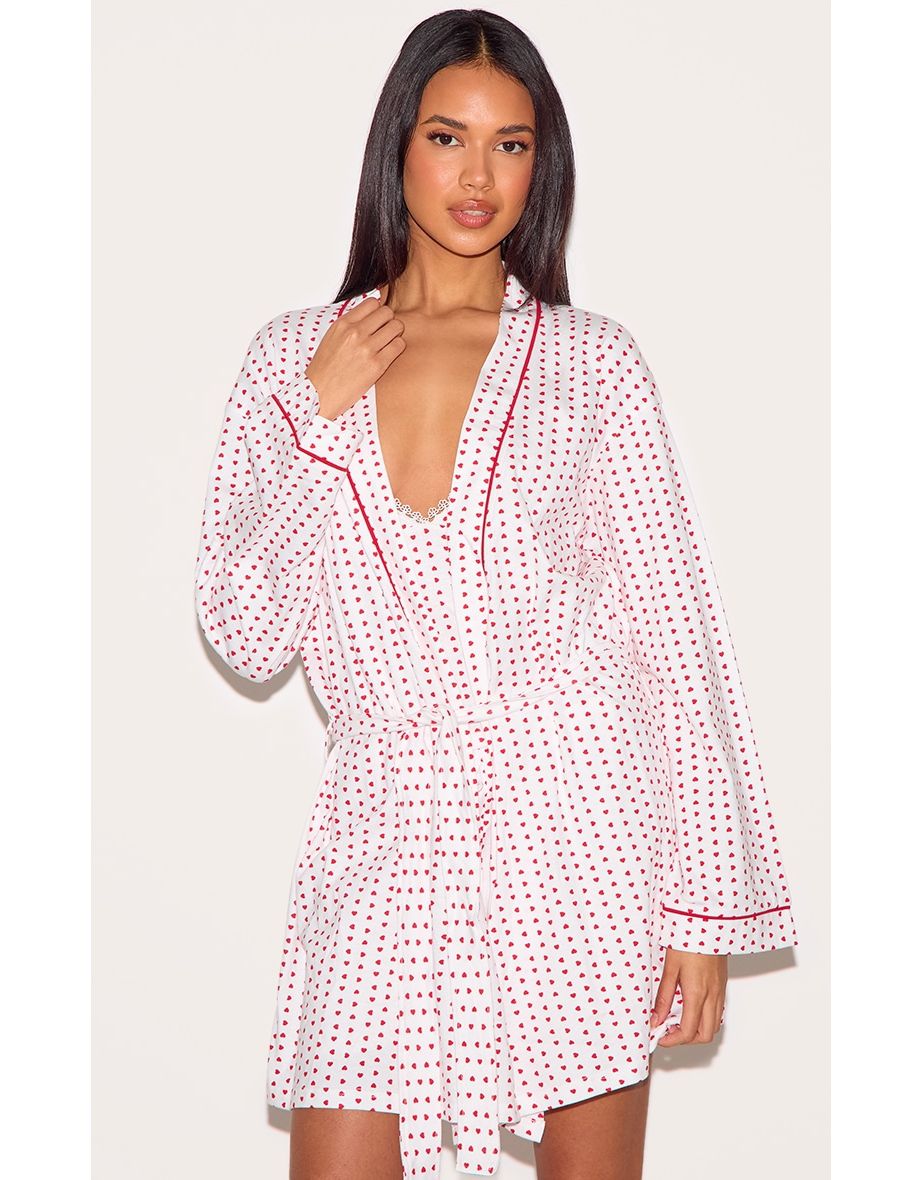 White Heart Print Jersey Robe
