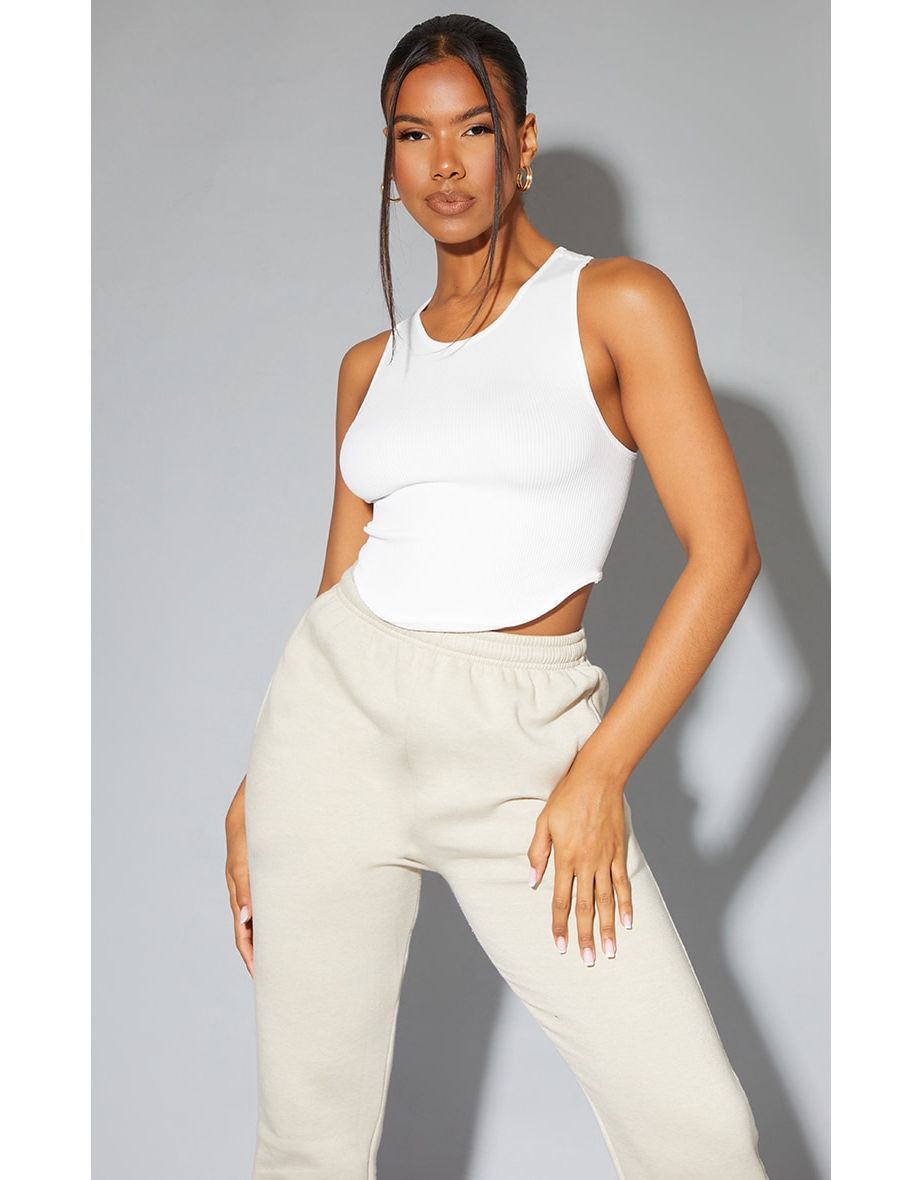 White Structured Contour Dip Hem Crop Top