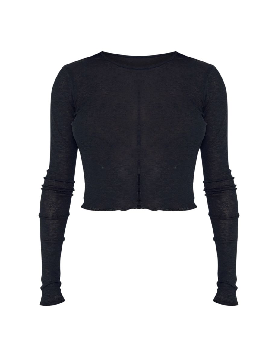 Petite Black Sheer Textured Long Sleeve Top - 4
