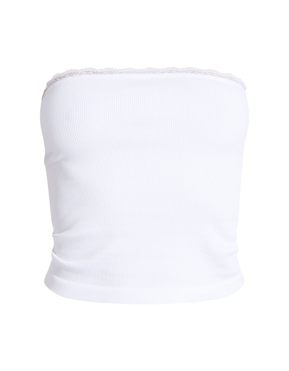 White Lace Trim Contour Rib Bandeau Top - 4