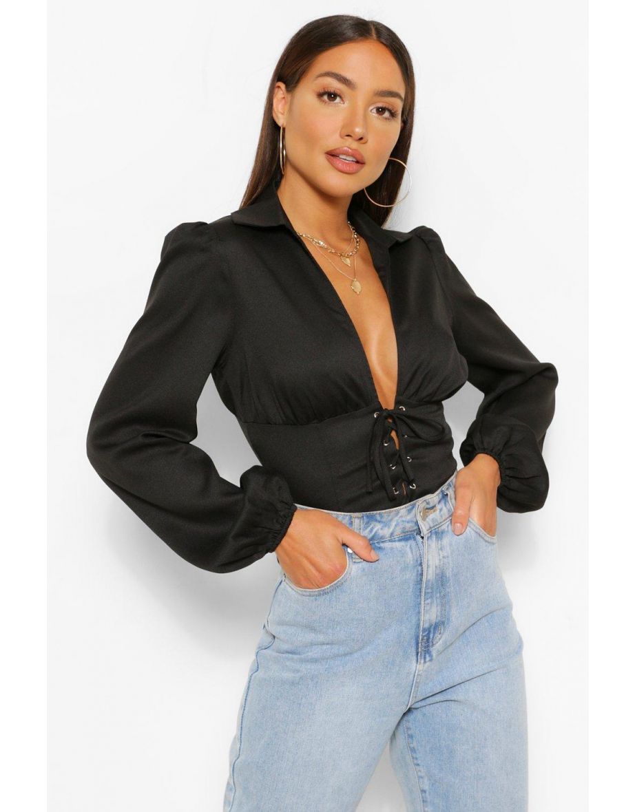 Woven Lace Up Corset Top - black - 3