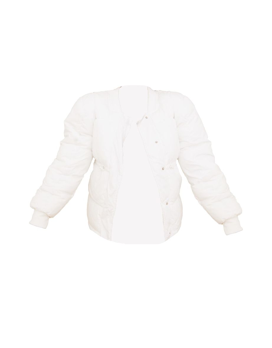 White Shoulder Padded Drawstring Waist Puffer Coat - 4