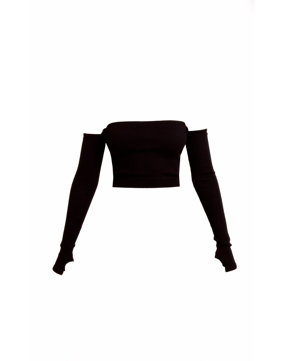Black Structured Contour Rib Bardot Crop Top - 4