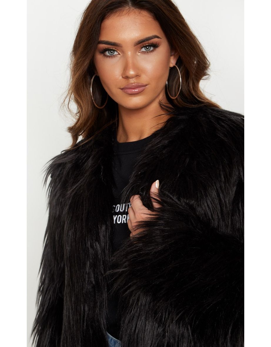 Liddie Black Faux Fur Shaggy Cropped Jacket - 4