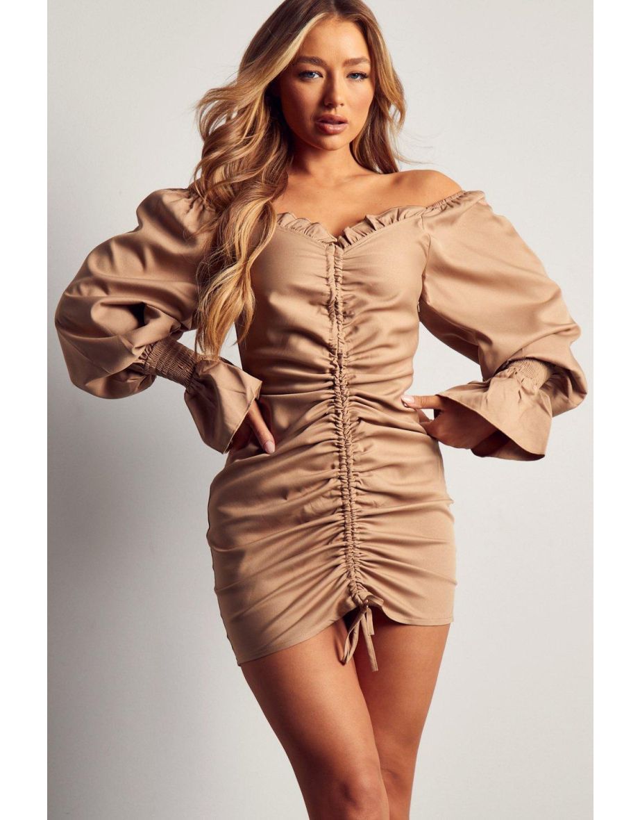Off the Shoulder Puff Sleeve Ruched Mini Dress