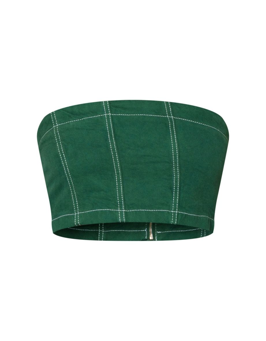 Forest Green Contrast Stitch Bandeau Crop Top - 4