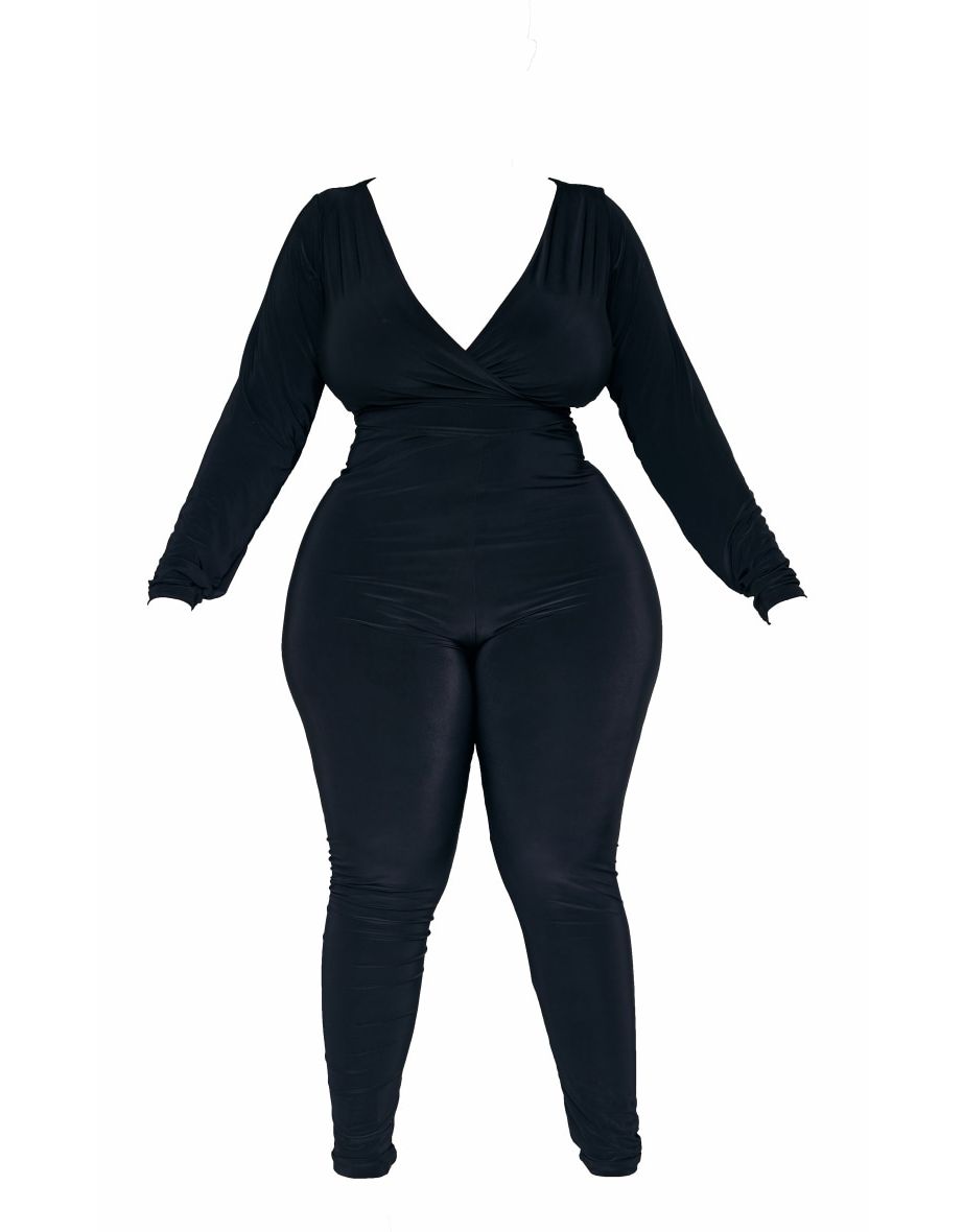 Plus Black Wrap Front Long Sleeve Catsuit - 4