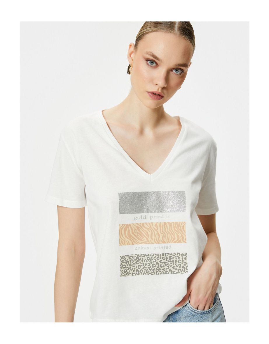 Printed T-Shirt Short Sleeve V-Neck Cotton