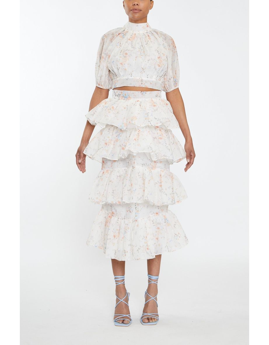 Harper Co-ord Cream Watercolour Organza Puff Sleeve Crop Top