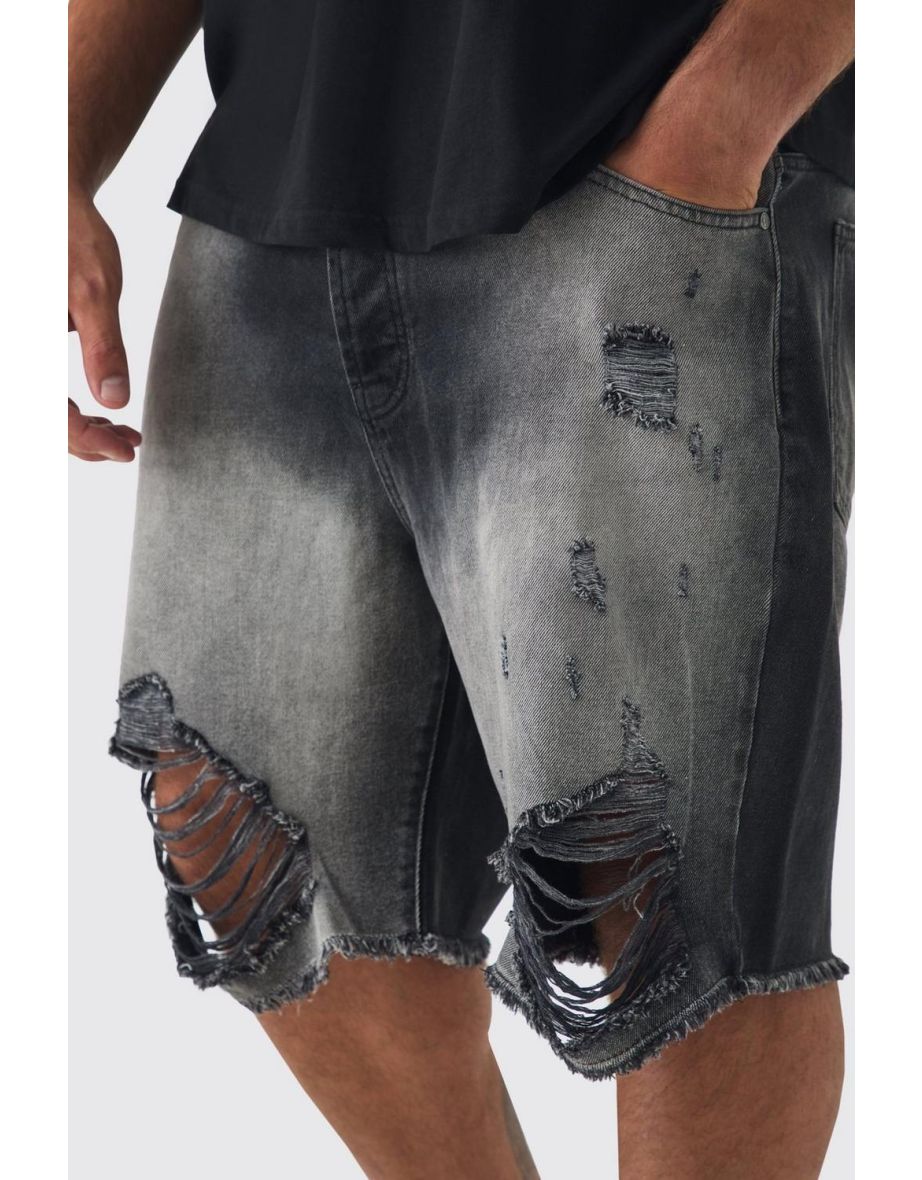 Plus Relaxed Rigid Long Length Ripped Denim Shorts In Washed Black - washed black - 2