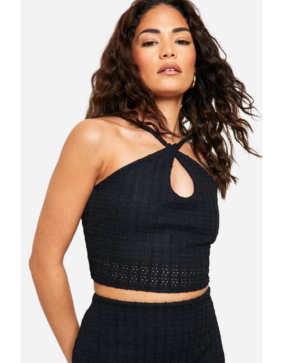 Petite Textured Halter Keyhole Crop Top - black - 3