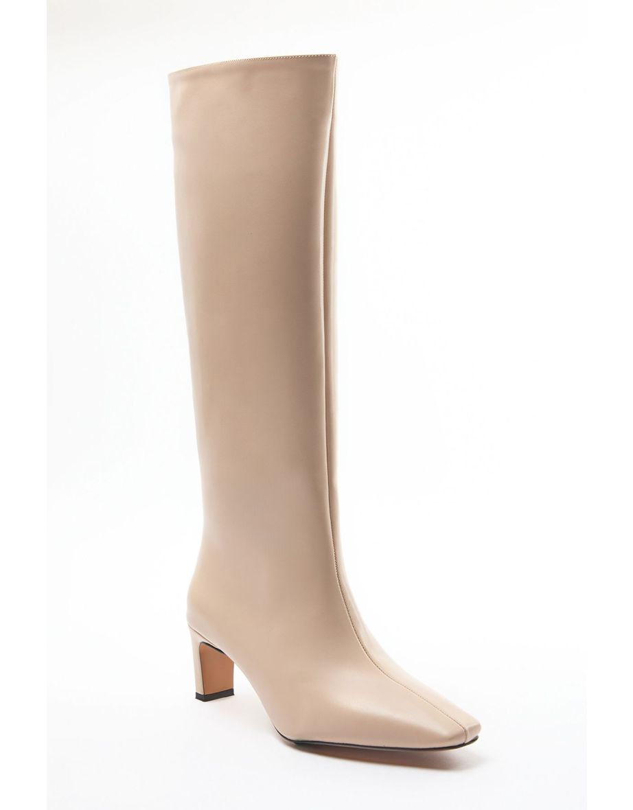 Beige Women's Thin Heeled Boots - 3