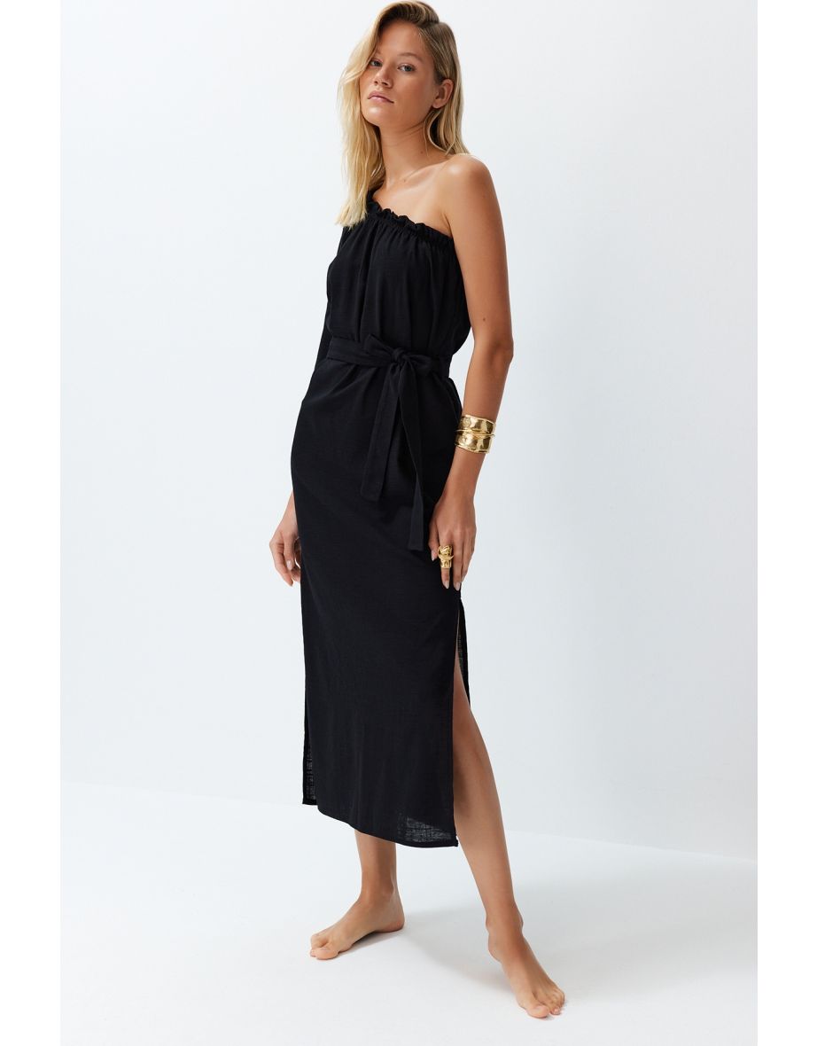 Black Belted Maxi Woven Linen-blend One-Shoulder Beach Dress